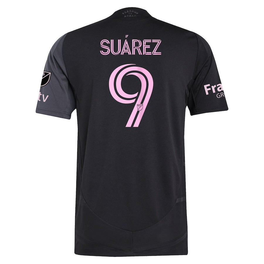 adidas Luis Suárez Inter Miami jersey black with pink number 9 and Suarez name on back