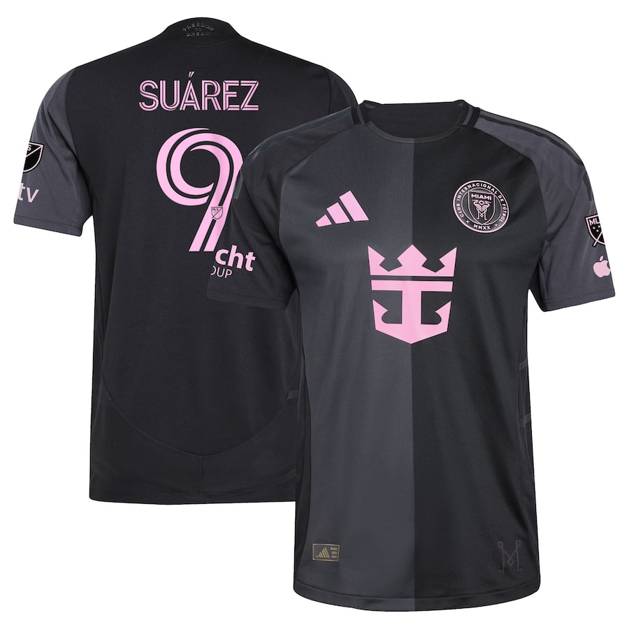 Adidas Luis SuĂĄrez Inter Miami jersey in black with pink accents featuring team logo and number 9