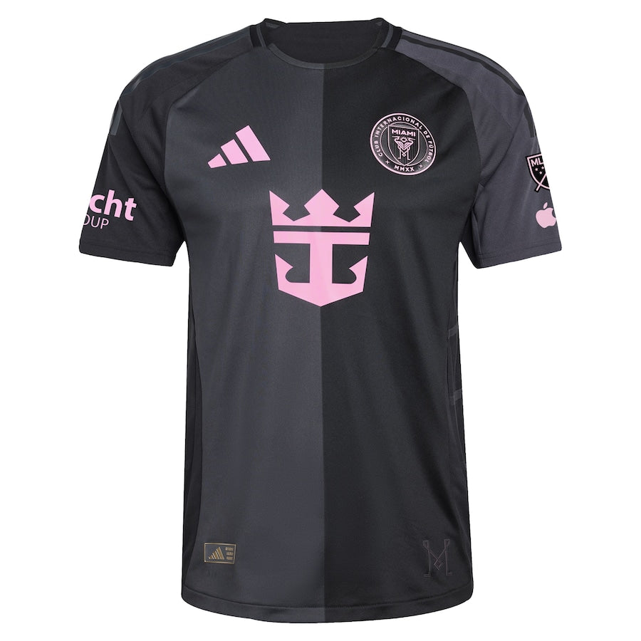 Adidas Luis SuĂĄrez Inter Miami jersey in black and pink with team badges and sponsor logos