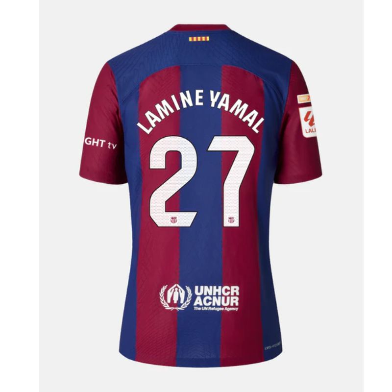 Back view of Lamine Yamal Barcelona jersey number 27 with blue and red stripes