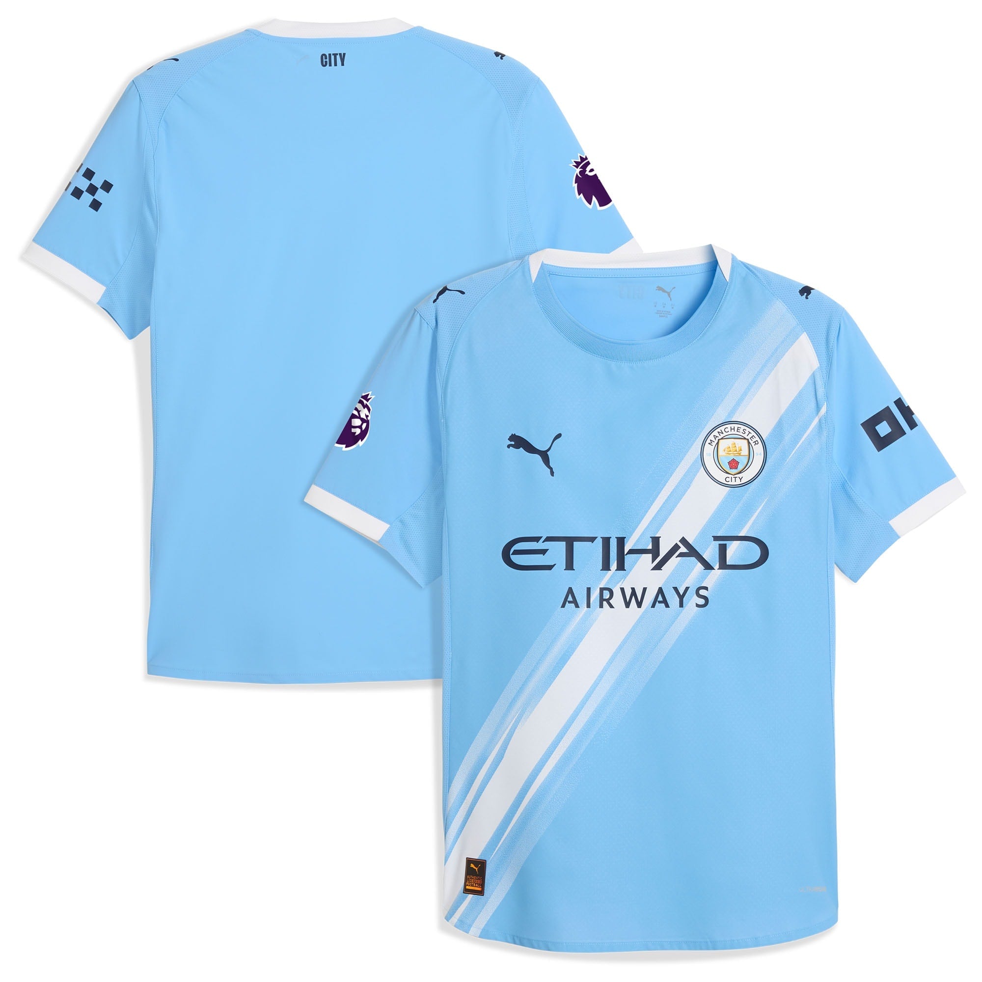 Manchester City 2025 home Puma jersey in sky blue with white diagonal stripes and Etihad Airways logo