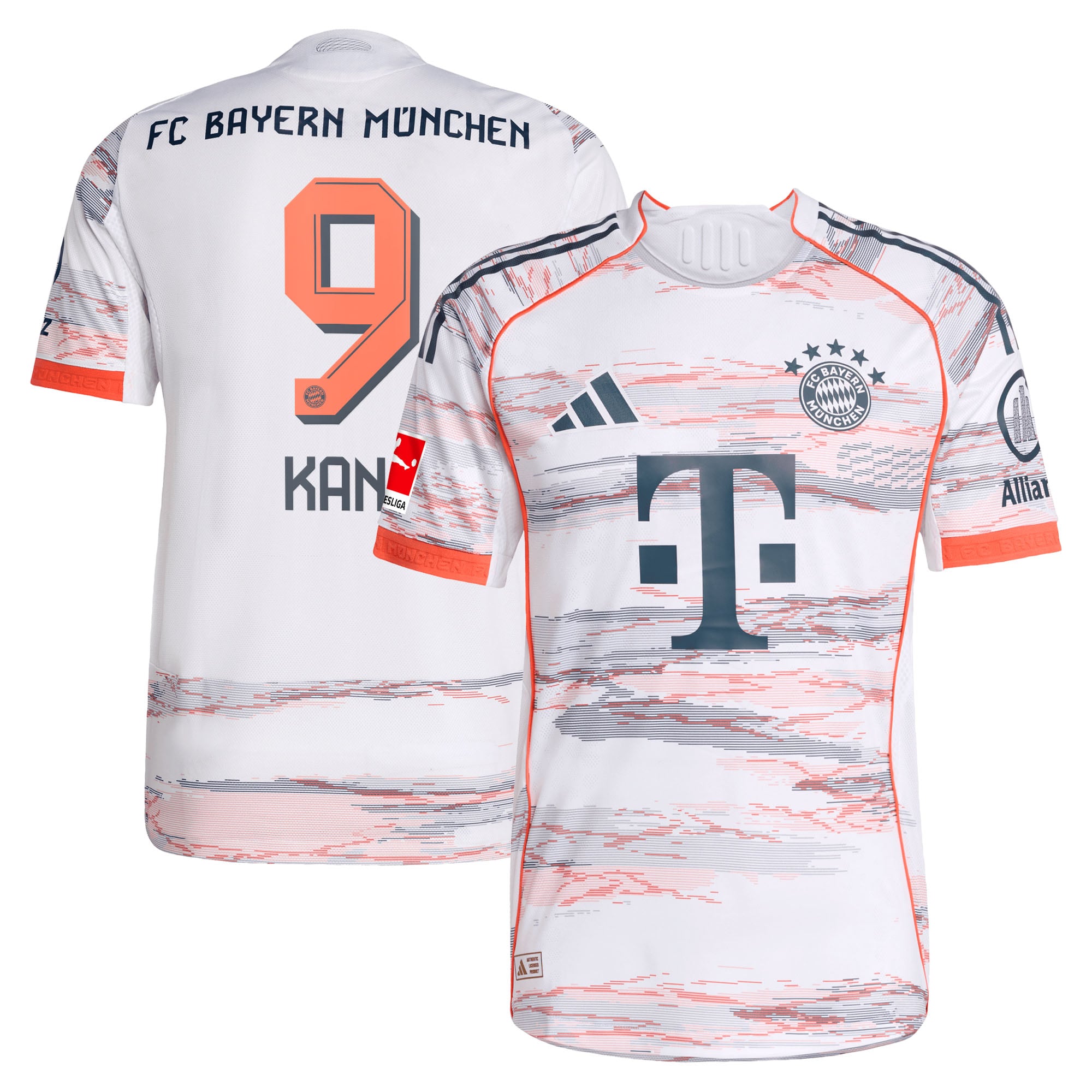 Harry Kane Bayern Munich away Adidas jersey 2026 white with orange and gray details and number 9