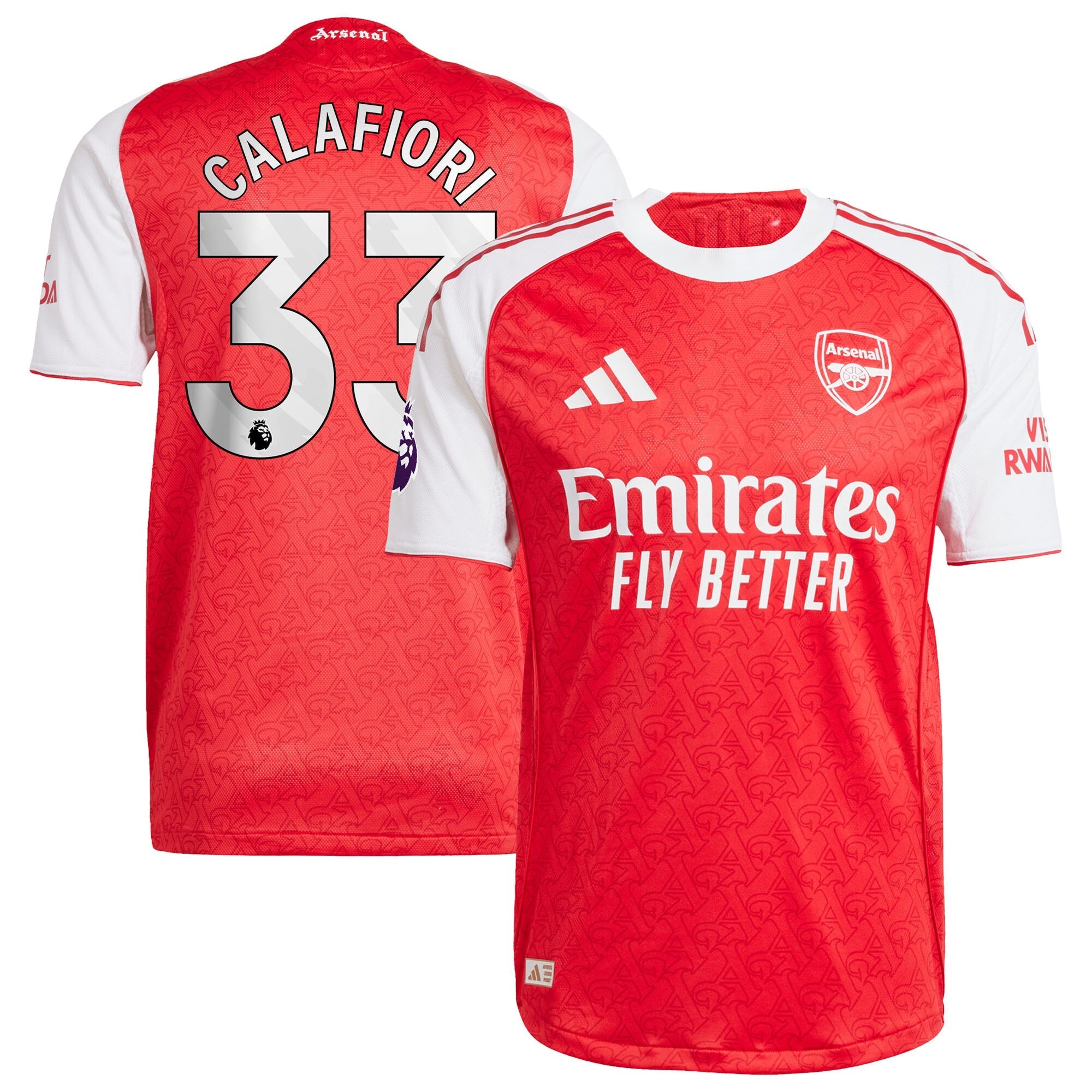 Red and white Riccardo Calafiori Arsenal Adidas jersey 2026 with Emirates Fly Better logo