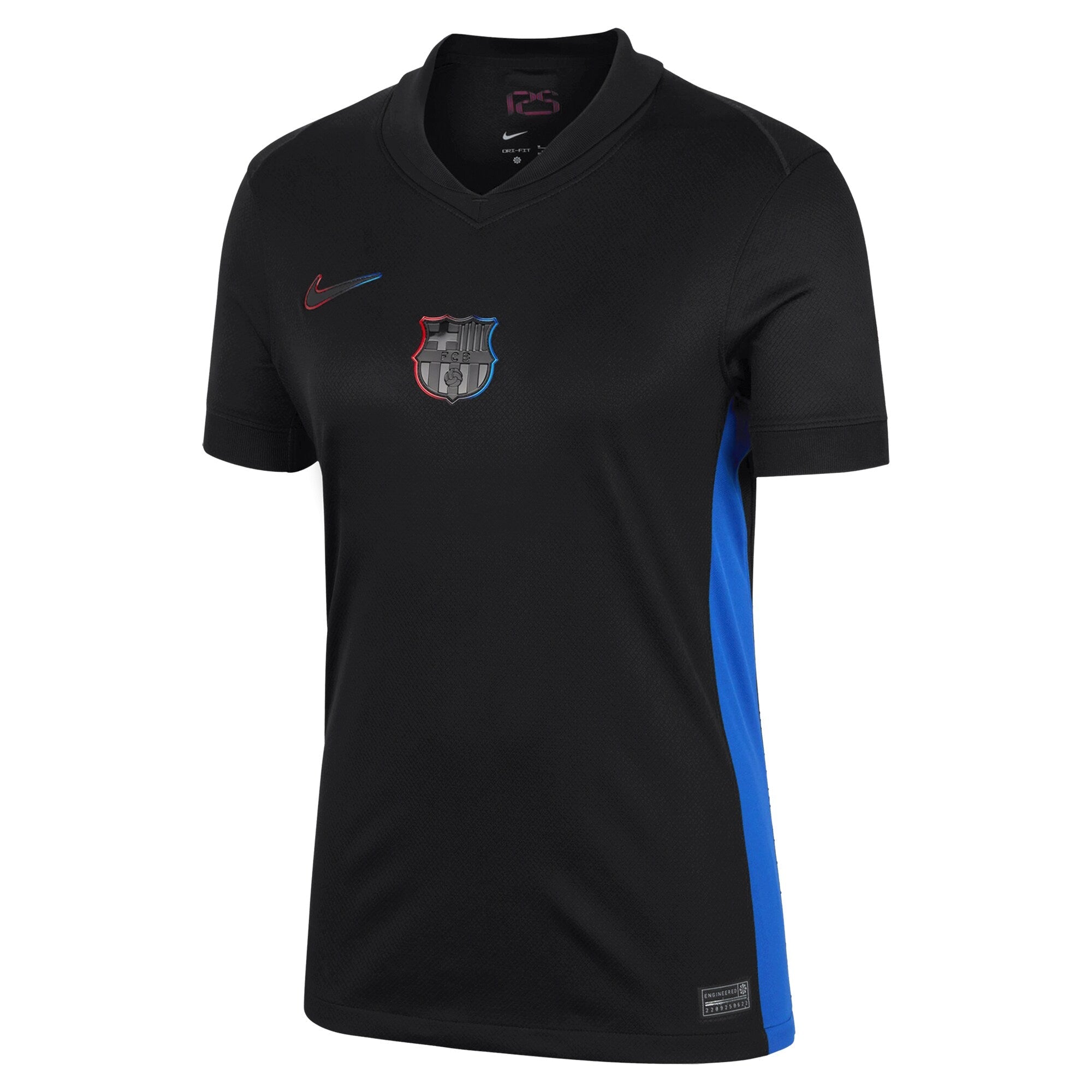 Nike Barcelona Away Jersey 2025 in black with blue side panels and club crest on chest