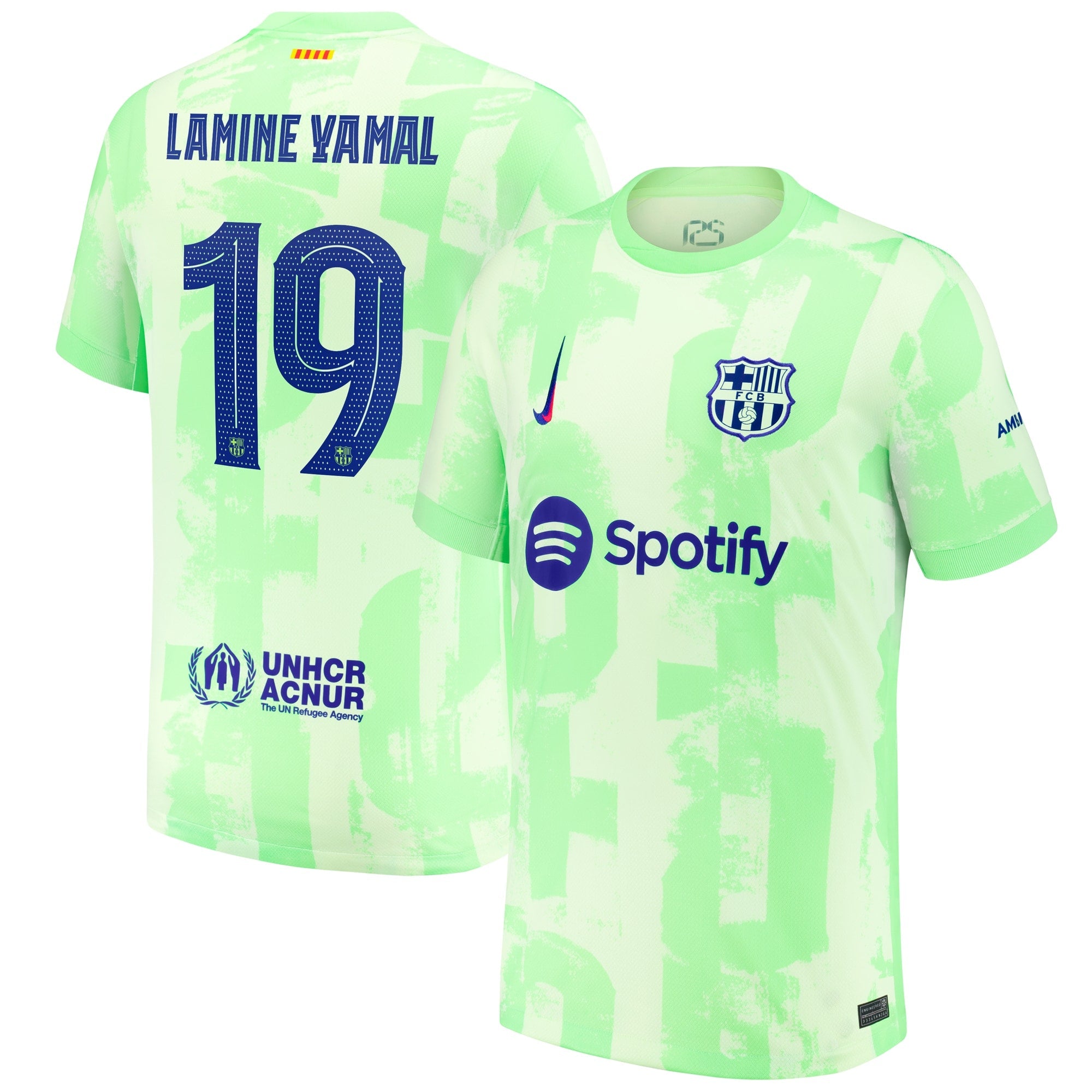 Nike Lamine Yamal Barcelona third jersey 2025 in light green with number 19 and sponsor logo