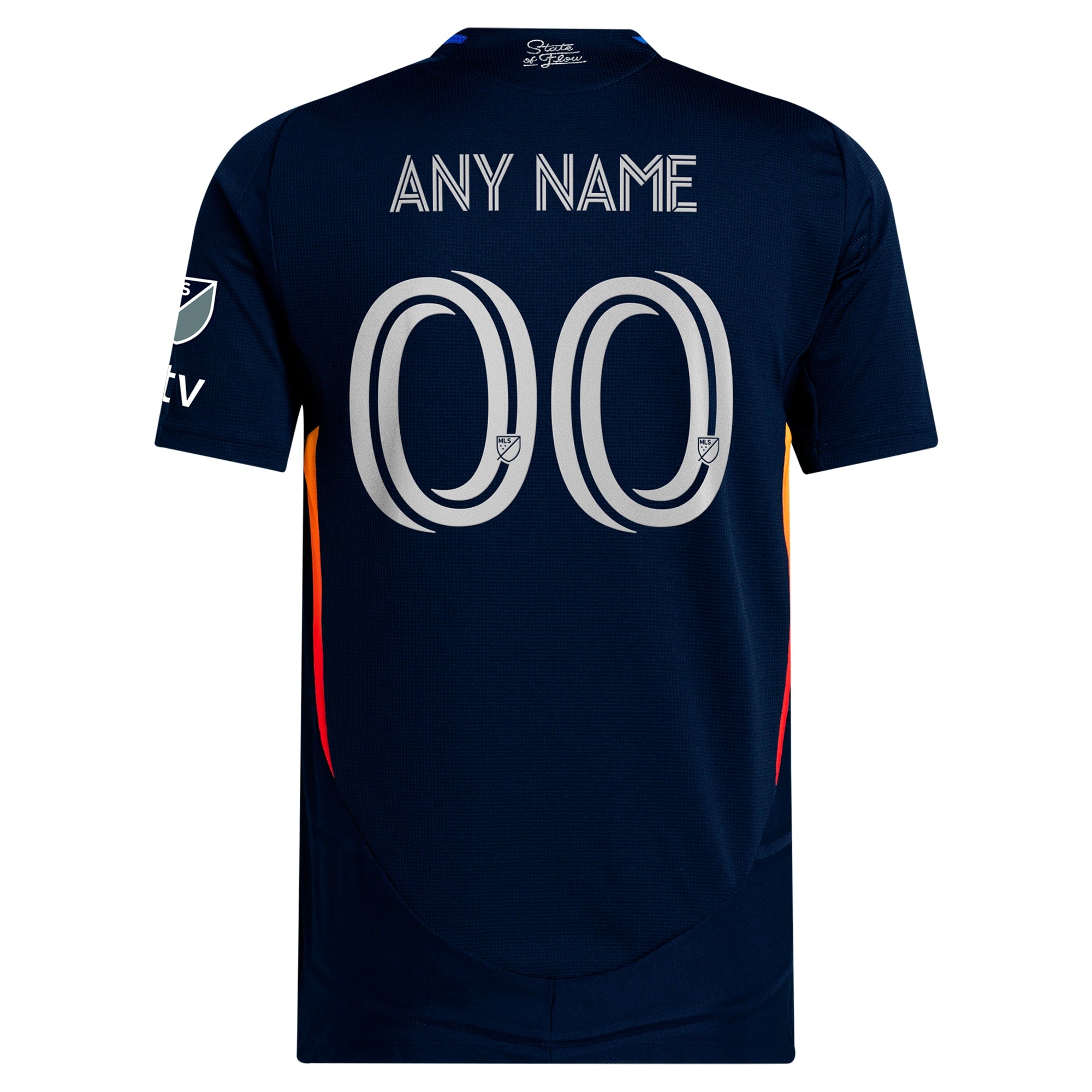 Back view of San Diego FC adidas 2025 jersey in navy with customizable name and number 00