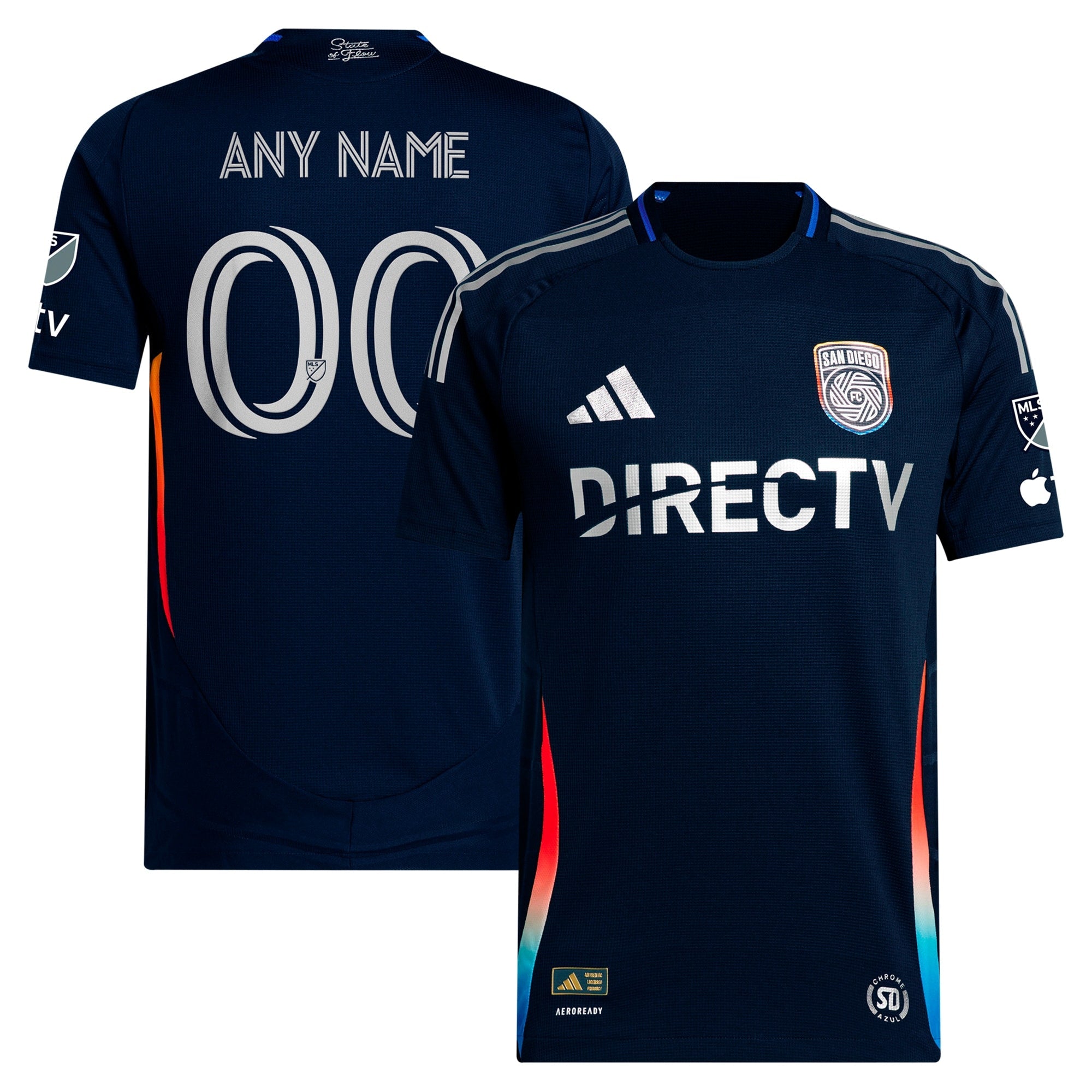 San Diego FC adidas 2025 jersey in navy blue with sponsor logos and customizable name and number