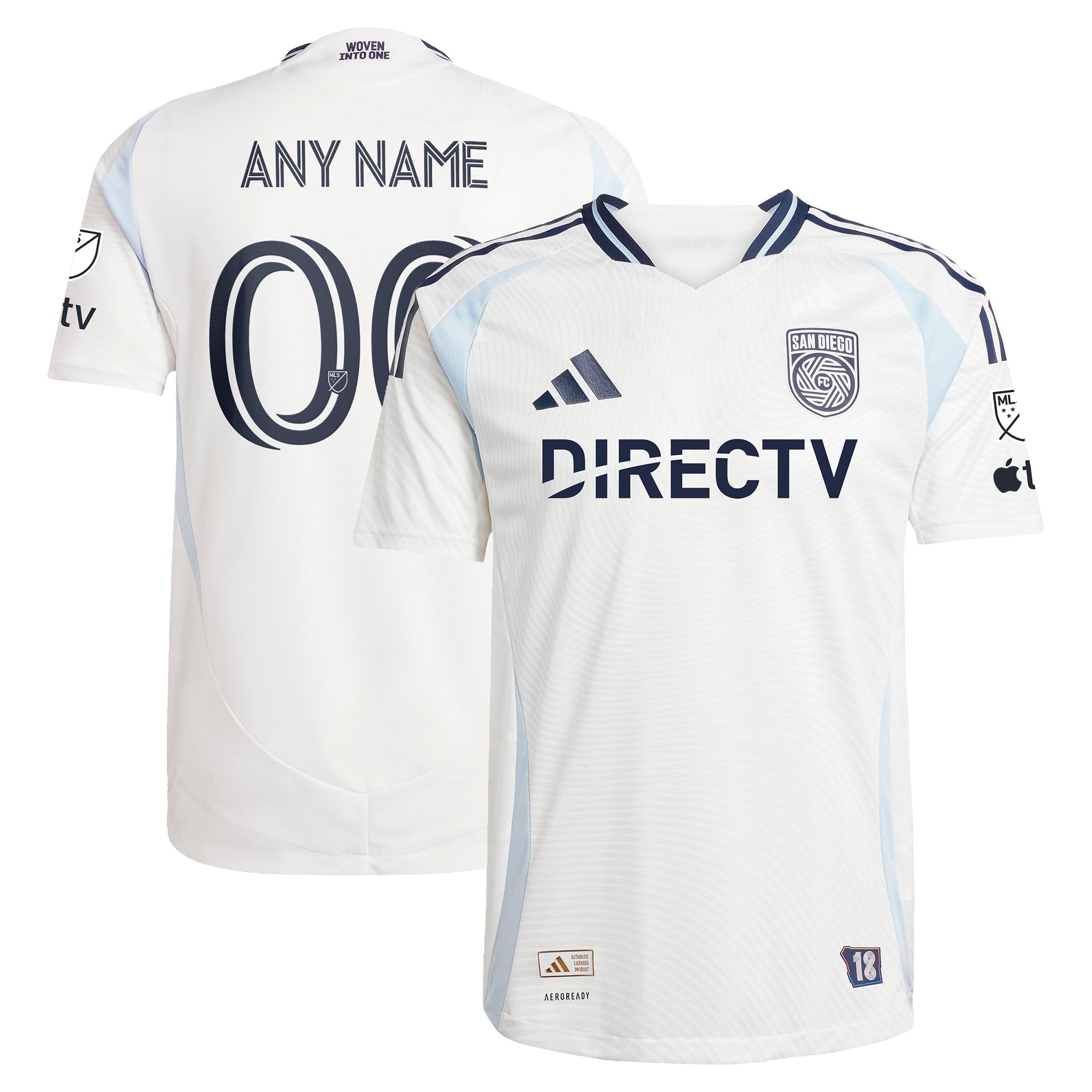 Adidas San Diego FC Adids jersey 2025 in white with navy accents and customizable name and number